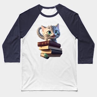 Tabby Dragon Cat with his Books Baseball T-Shirt